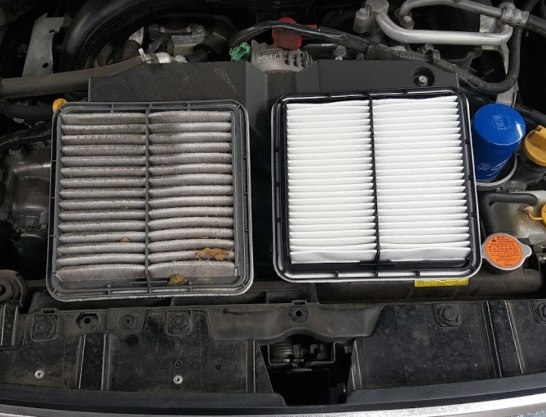 Engine air filter before and after cleaning, showing the difference in cleanliness and effectiveness